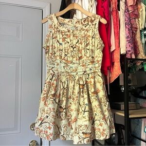 BEAR & CO light green bird floral print pleated sleeveless mini dress mod pinup